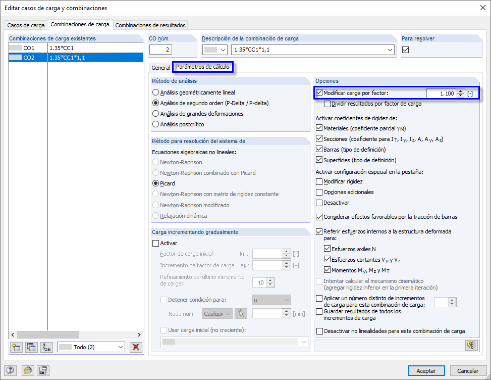 Parámetros de cálculo - Multiplicar la carga por factor