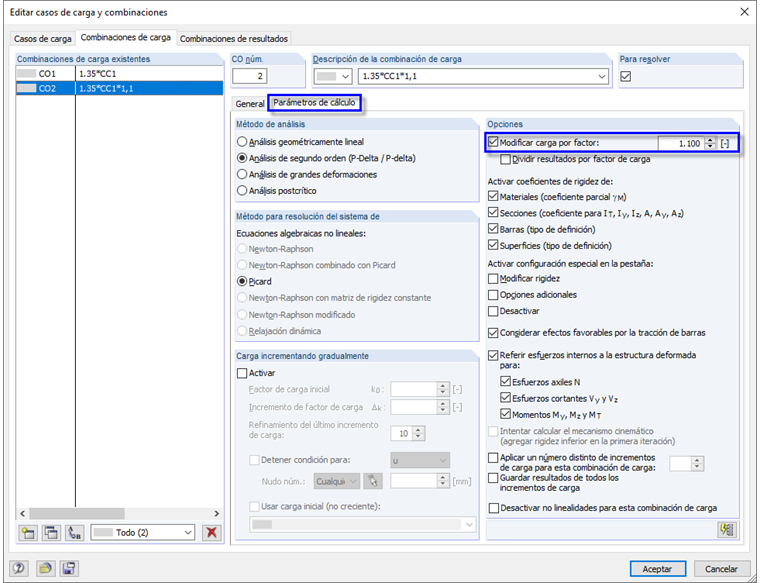 Parámetros de cálculo - Multiplicar la carga por factor