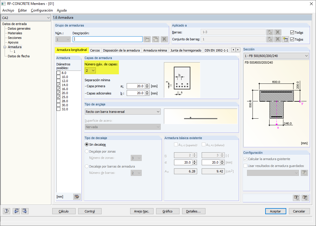 Configuración para capas de armadura