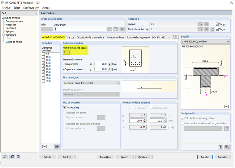 Configuración para capas de armadura