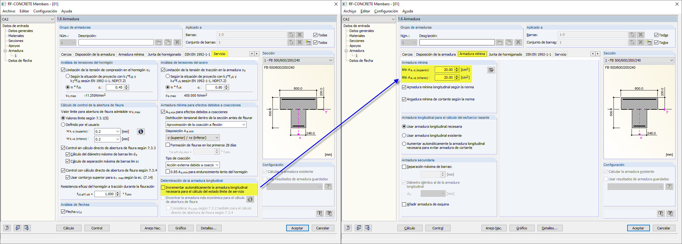 Desactivación del aumento de la armadura longitudinal y activación de la armadura mínima