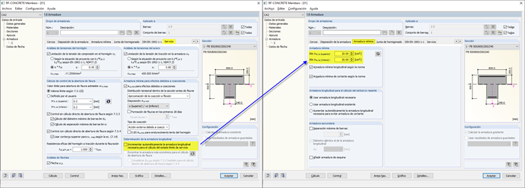 Desactivación del aumento de la armadura longitudinal y activación de la armadura mínima