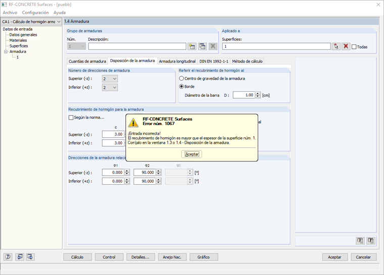 Mensaje de error sobre Recubrimiento de hormigón no conforme