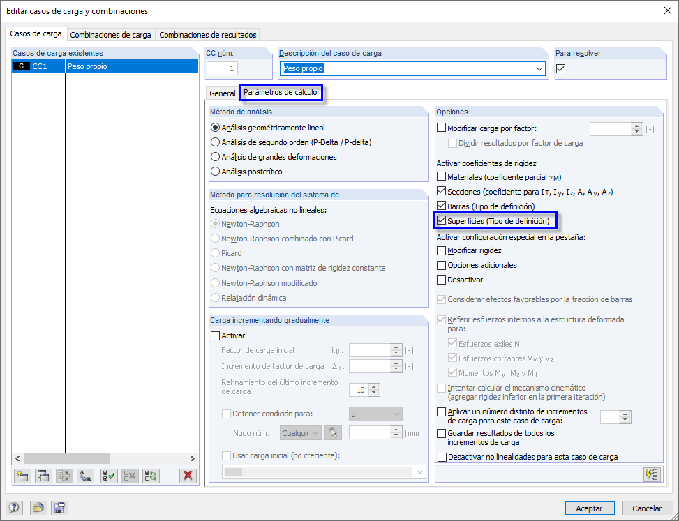 Activación de los factores de rigidez en los parámetros de cálculo del caso de carga