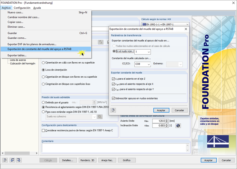 Comando para exportar constantes de muelles de soporte