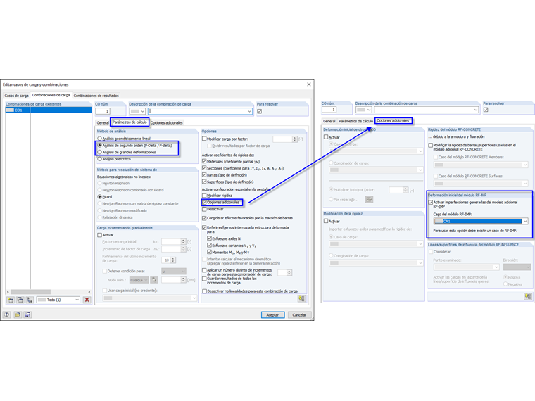 Configuración en combinaciones de carga