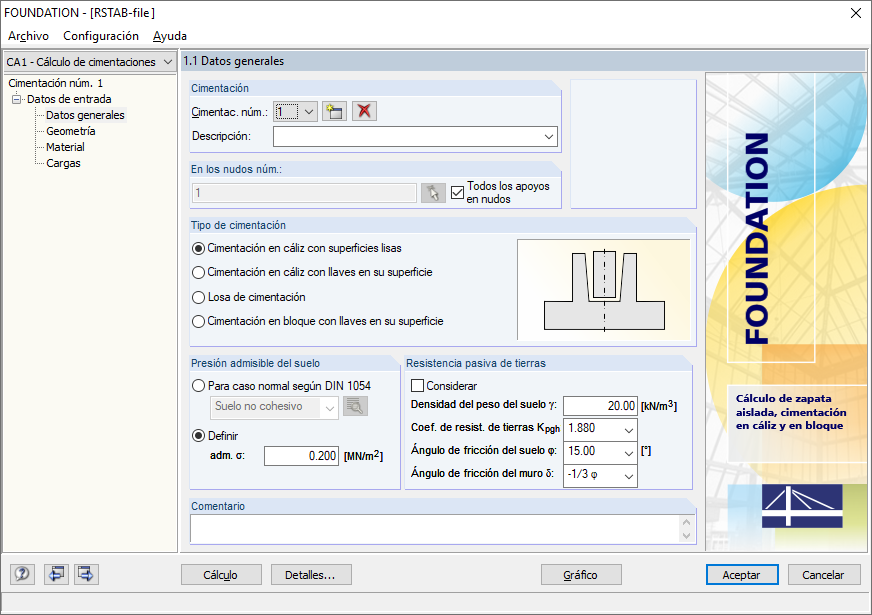 Cuadro de diálogo 1.1 Datos generales en FOUNDATION