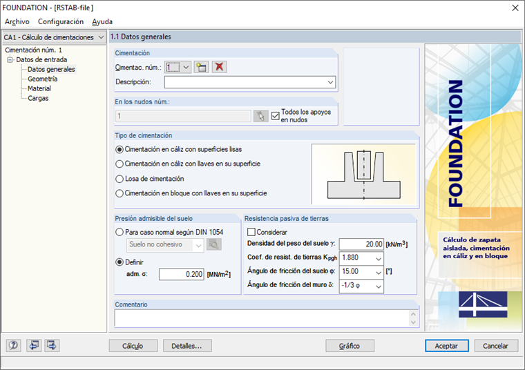 Cuadro de diálogo 1.1 Datos generales en FOUNDATION
