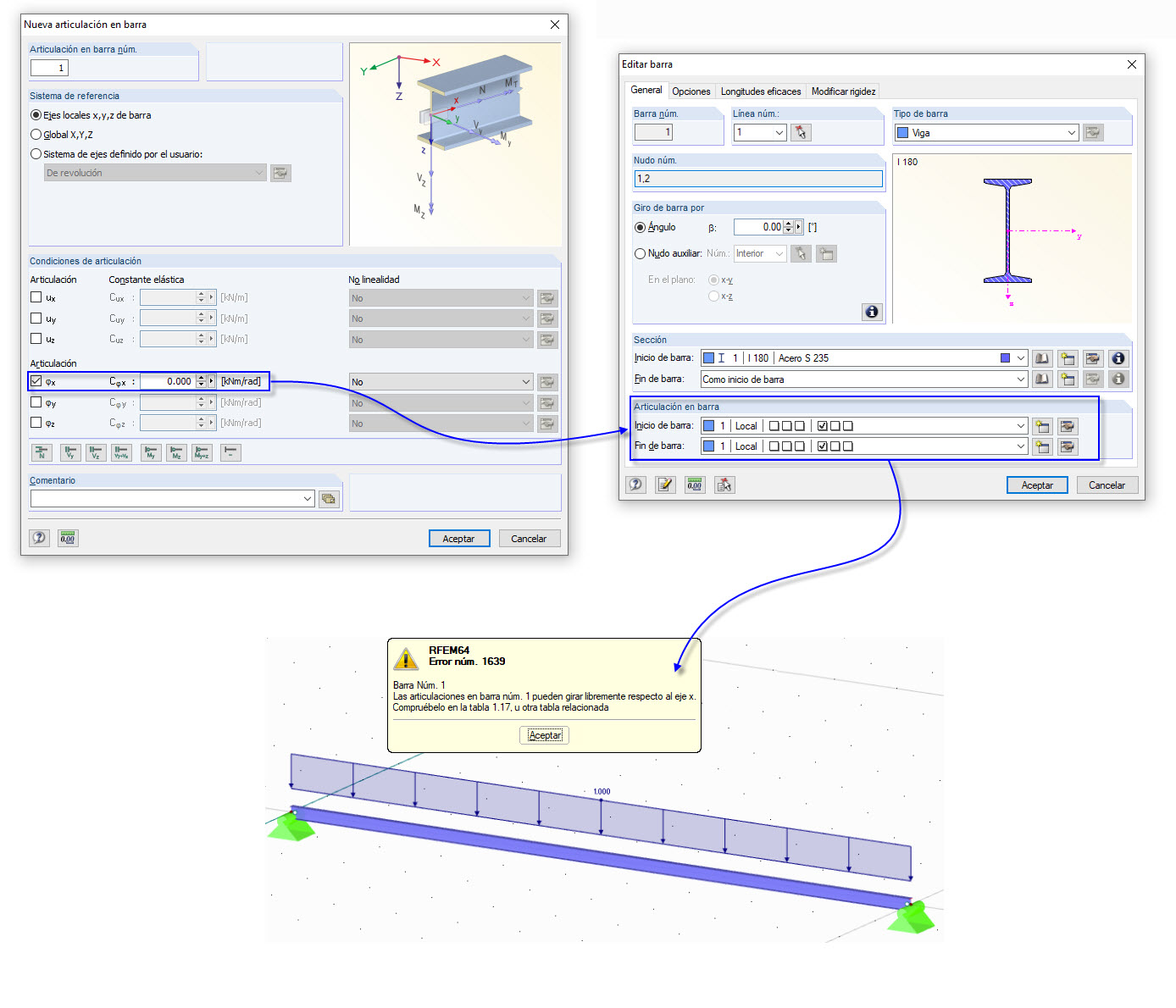 Introducción de las articulaciones de torsión en los nudos de inicio y fin de la barra
