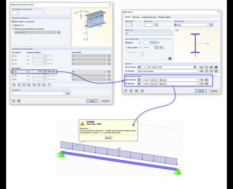 Introducción de las articulaciones de torsión en los nudos de inicio y fin de la barra