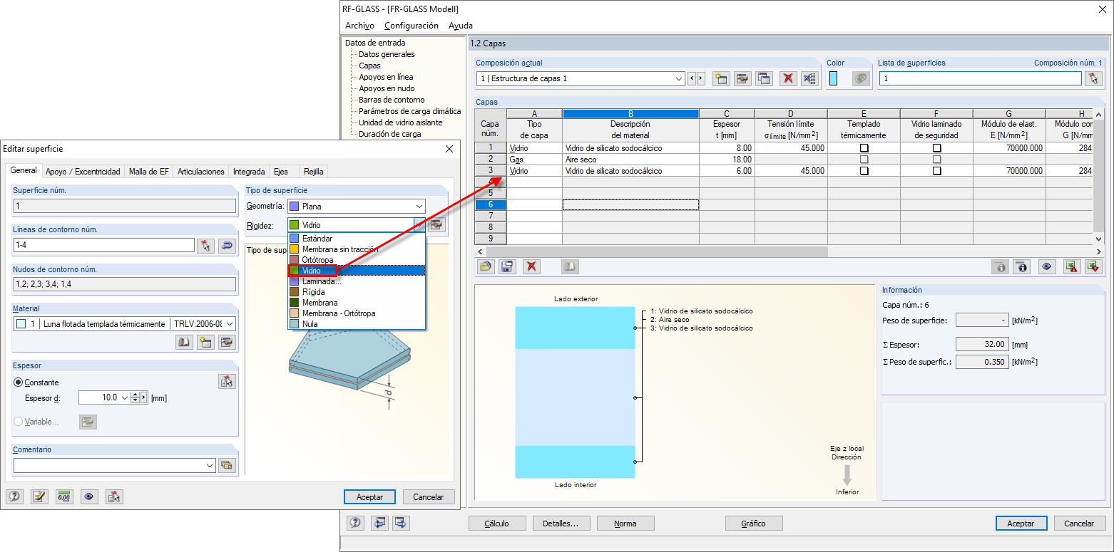 Tipo de superficie "vidrio" en RFEM y definición de la estructura de capas en RF-GLASS