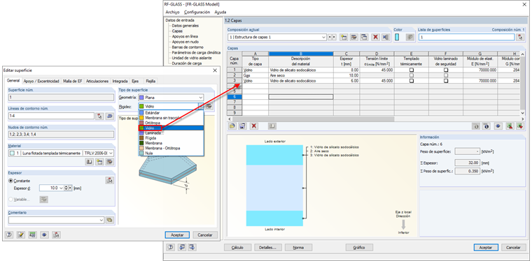 Tipo de superficie "vidrio" en RFEM y definición de la estructura de capas en RF-GLASS