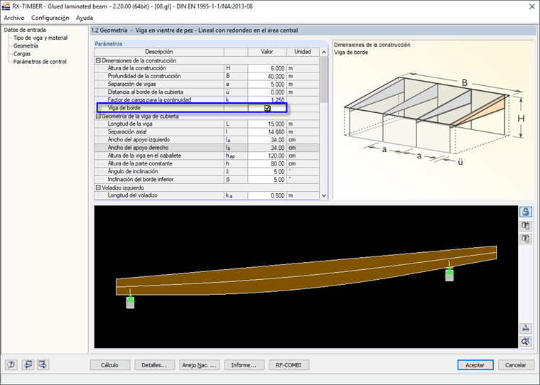 Definición de viga de borde en viga laminada encolada RX-TIMBER