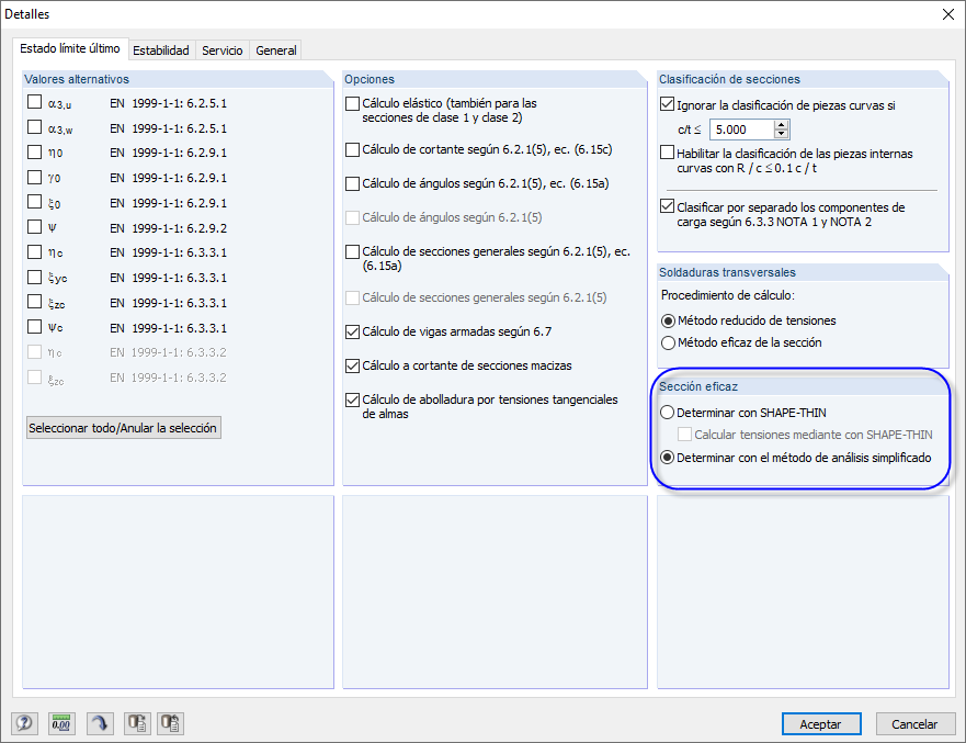 Método de cálculo de la sección eficaz en detalles