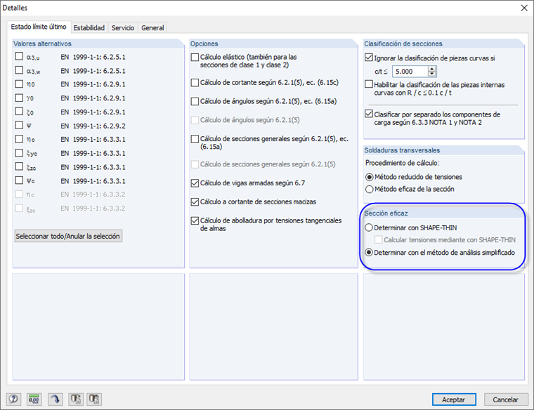 Método de cálculo de la sección eficaz en detalles