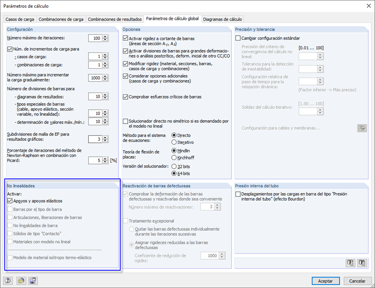 Parámetros de cálculo con no linealidades en la estructura introducida