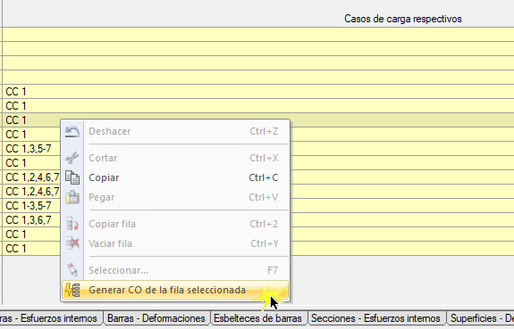 Menú contextual (clic con el botón secundario) con opción para generar CO según la fila seleccionada