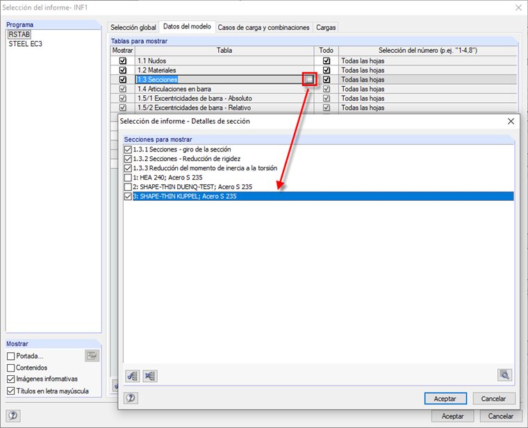Selección del informe