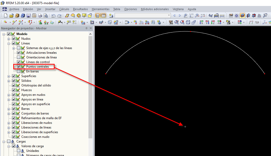 Navegador de proyectos - Mostrar: Modelo -> Líneas -> Puntos centrales
