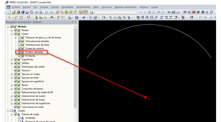 Navegador de proyectos - Mostrar: Modelo -> Líneas -> Puntos centrales