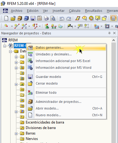 Abrir los datos generales usando el menú contextual del archivo