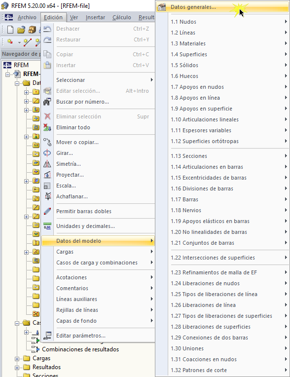 Abrir los datos generales usando el menú "Edición"