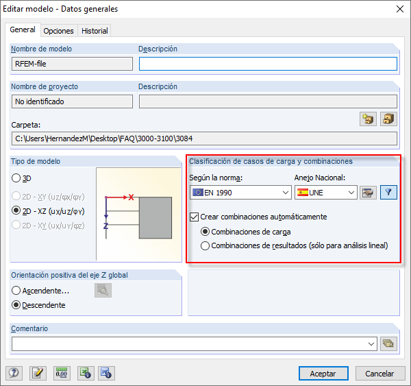 Cuadro de diálogo con los datos generales del modelo