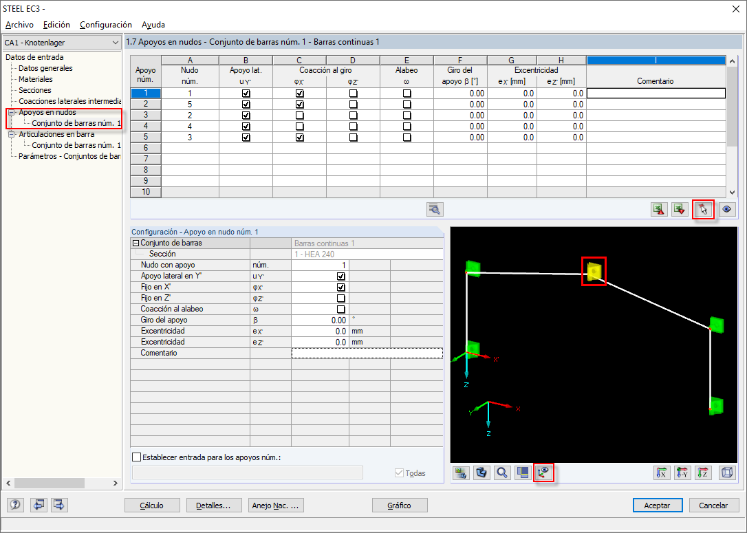 Definición de apoyos en nudo
