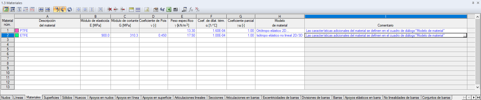 Entrada en la tabla "1.3 Materiales"