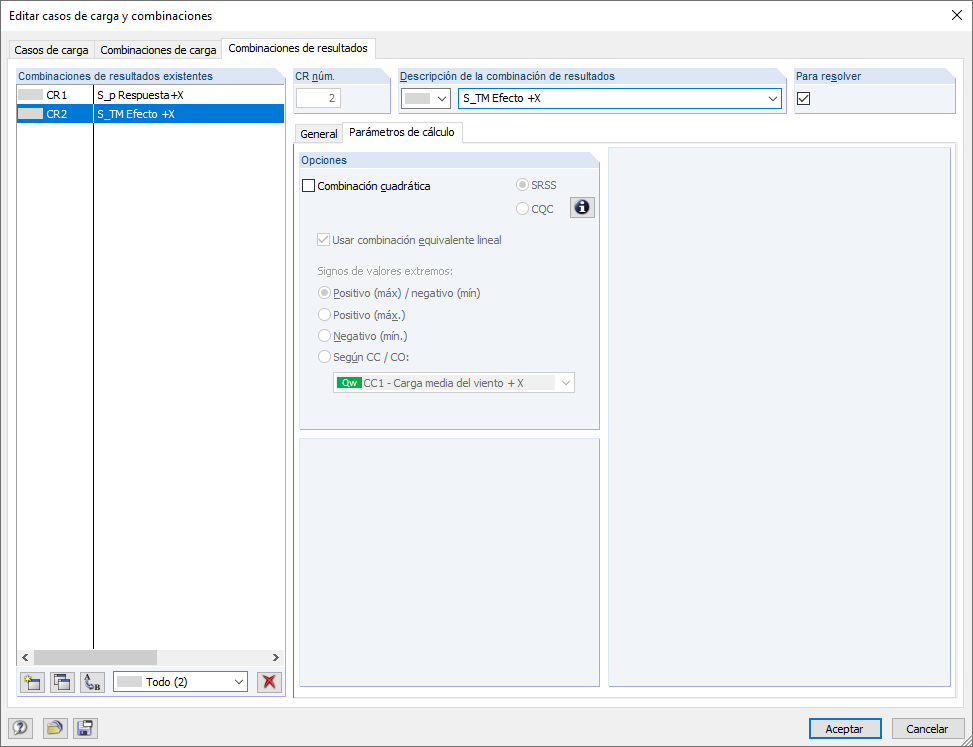 Opción de SRSS para determinar la media cuadrática