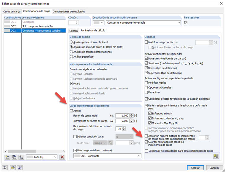 Carga creciente incremental en casos de carga y combinaciones de carga