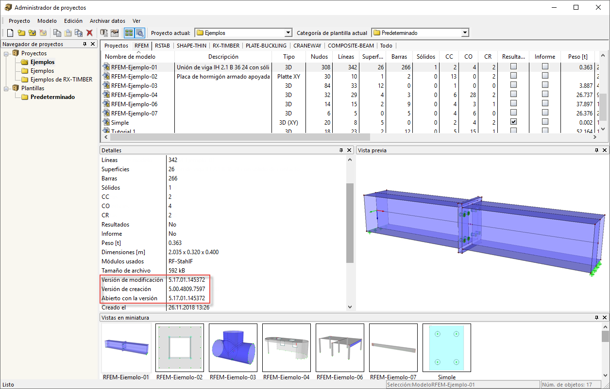Número de versión en el administrador de proyectos