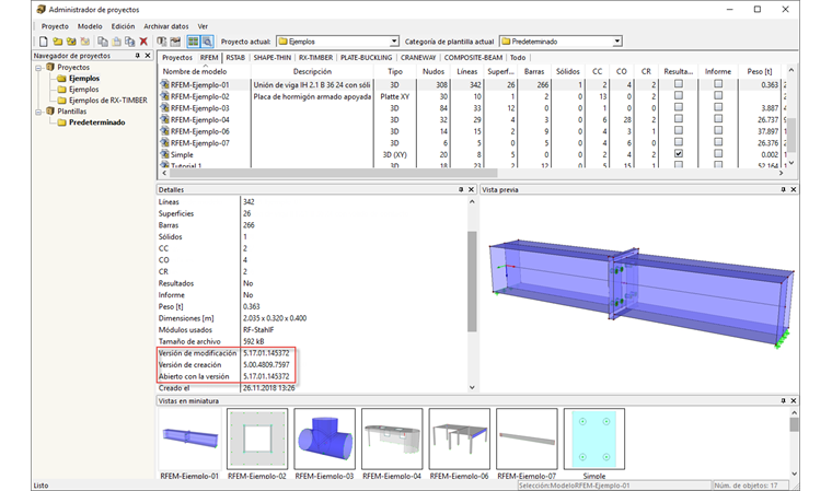 Número de versión en el administrador de proyectos