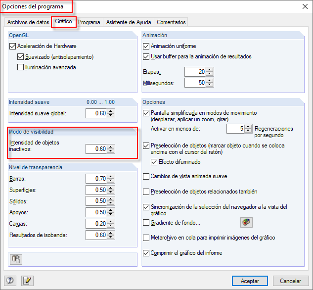 Ajustar la intensidad de los objetos inactivos