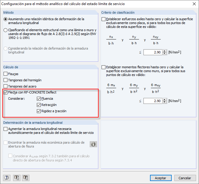 Configuración para el análisis analítico de la flecha con RF-CONCRETE Deflect