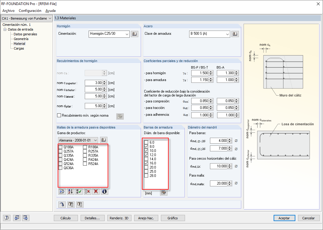 Ventana "1.3 Materiales" con selección de posibles armaduras
