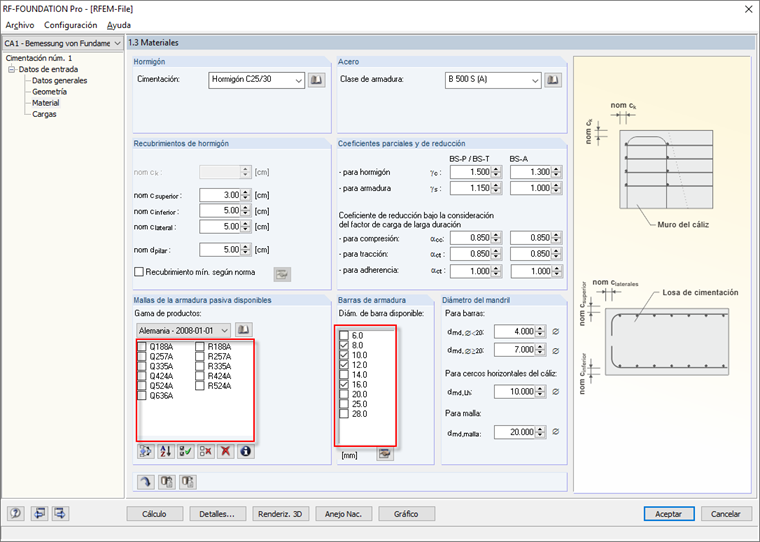 Ventana "1.3 Materiales" con selección de posibles armaduras