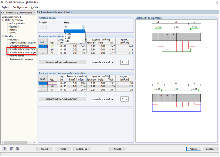 Ventana de resultados 2.4 o 2.5 con modificación opcional de la propuesta de armadura