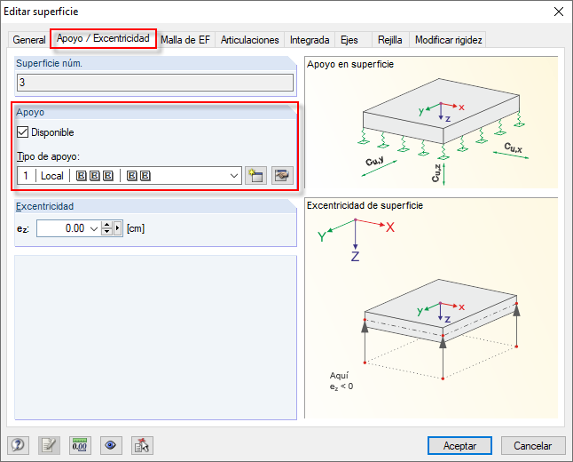 Cuadro de diálogo "Editar superficie" con definición de apoyo