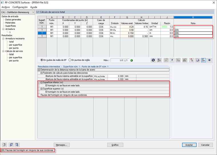 Mensaje núm. 226 en Ventanas de resultados de RF-CONCRETE Surfaces