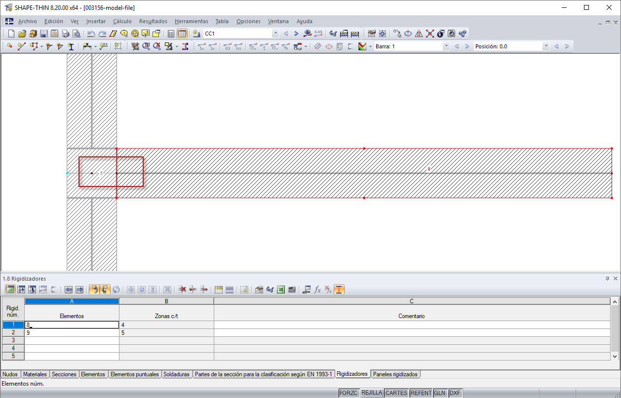 Rigidizador conectado con el panel de pandeo con elemento nulo