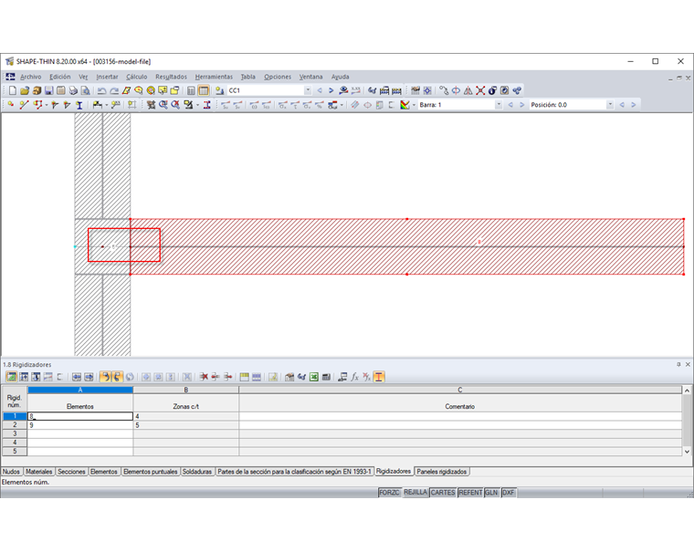 Rigidizador conectado con el panel de pandeo con elemento nulo