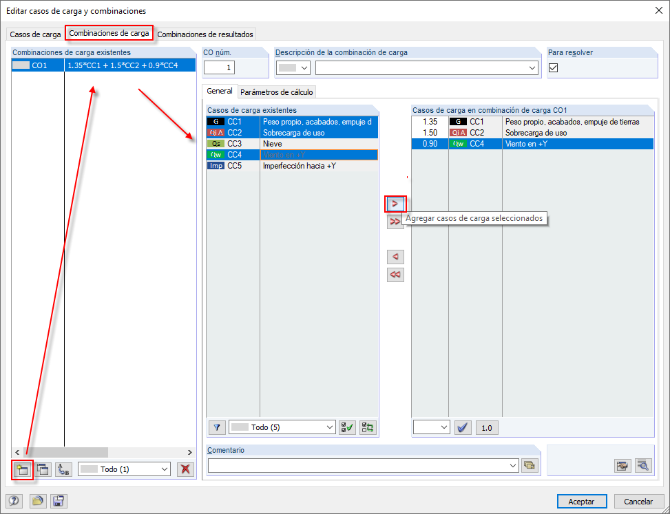 Crear combinaciones de carga manualmente