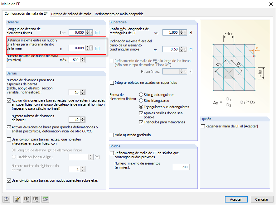Configuración de malla de elementos finitos (EF) en RF-GLASS