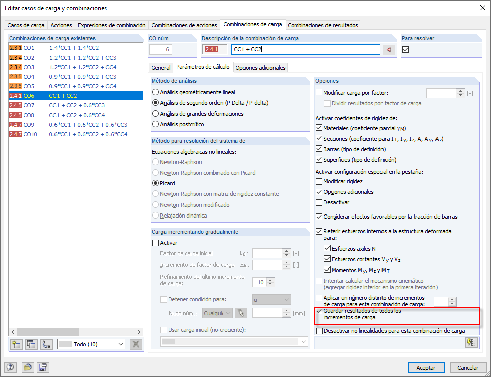 Guardar resultados de incrementos de carga