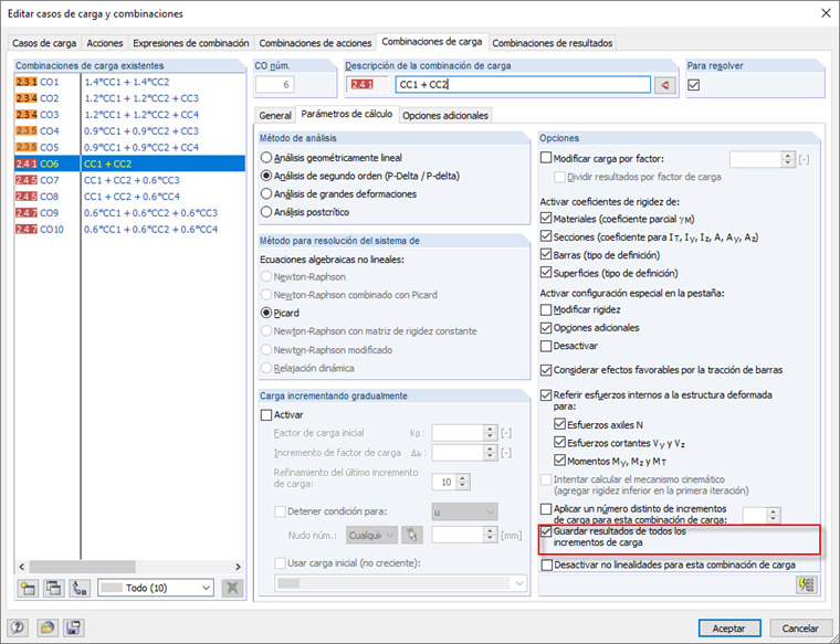 Guardar resultados de incrementos de carga