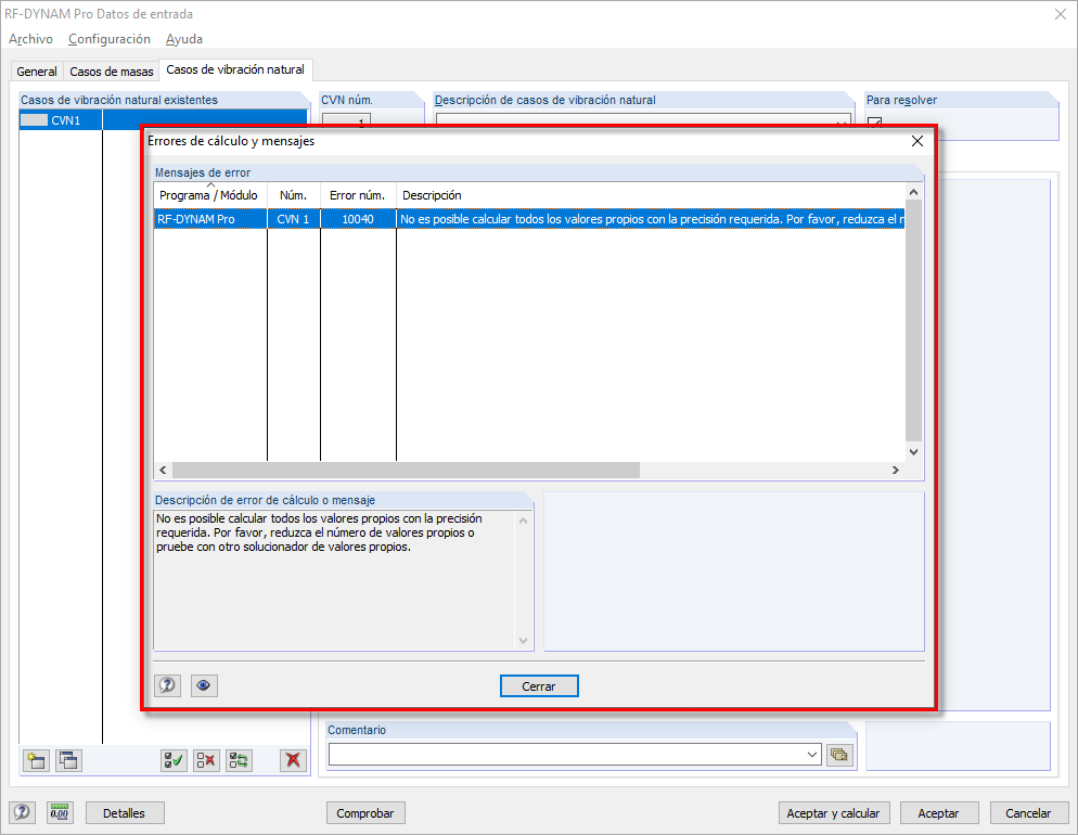 Mensaje de error en el módulo adicional