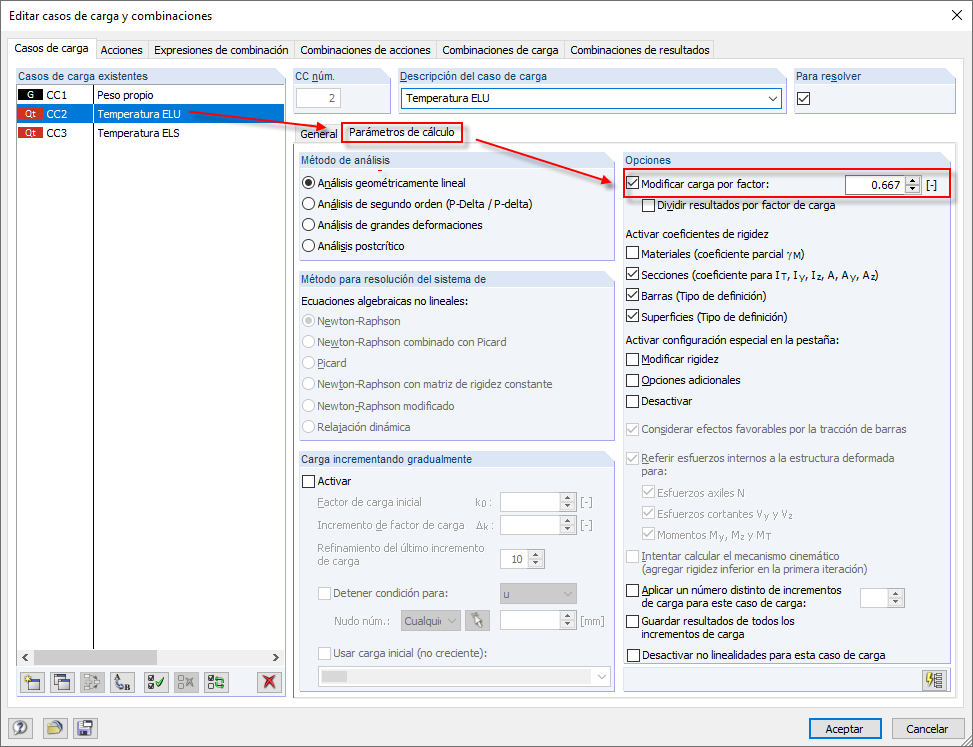 Modificar la carga en el caso de carga del ELU con el factor