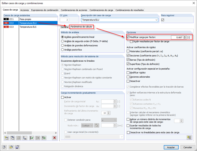 Modificar la carga en el caso de carga del ELU con el factor