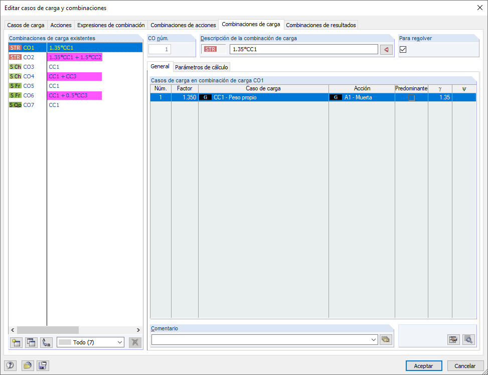 Resultado de las combinaciones de carga